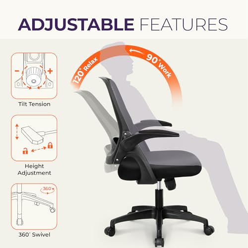 NEO CHAIR Office Desk Chair, Ergonomic Mesh with Flip-Up Arms, Dark Black - color: Dark Black