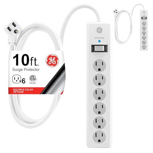 GE Surge Protector Power Strip, 2 Pack, 10 Ft Long Extension Cord | 6 Outlet Extender, 800 Joules, Flat Plug, Wall Mount, Twist-to-Close Safety Covers, ETL Safety Listed, White, 46862 - color: White, size: 10 Ft, style: 2 Pack