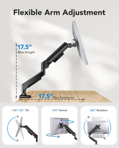HUANUO Single Monitor Arm 13-34 Inch, Adjustable Gas Spring Arm, Monitor Desk Mount for 4.4-22lbs, VESA 75/100mm with C-Clamp/Grommet Base, Ergonomic Stand for Work/Gaming