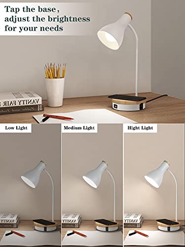 LALISU Metal Desk Lamp Wireless Charging Table Lamp Touch Reading Lights Arc Desk Lamps for Bedroom, 3 Way Dimmable Bedside Lamp with USB Charging Ports Lamp for Study Room and Office (White) - color: White
