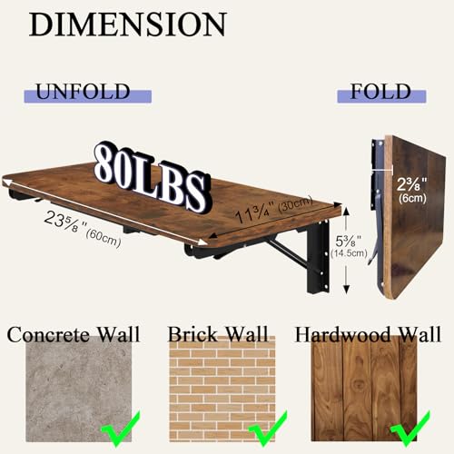 TEAMIX Wall Mounted Folding Table, Floating Desk for Small Spaces, Rustic - color: Brown, size: 23.6"W x 11.8"D
