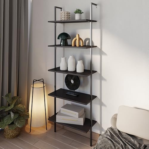happimess Madera 5-Shelf Wall Mounted Bookcase 72.05", Black - color: Black, size: 5-Tier 72.05"