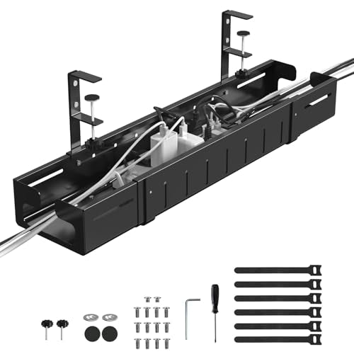 REALINN Under Desk Cable Management Tray Black | Expandable 25.27"-38.66", Sturdy Steel Desk Cord Hider Raceway for Office/Home