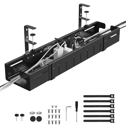 REALINN Under Desk Cable Management Tray Black | Expandable 25.27"-38.66", Sturdy Steel Desk Cord Hider Raceway for Office/Home
