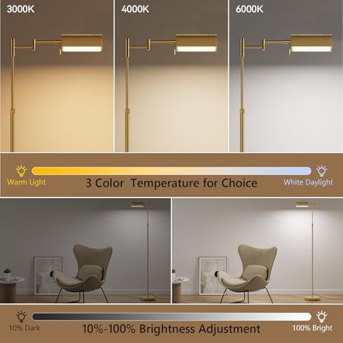 SUNMORY Dimmable LED Pharmacy Floor Lamps, 16W/1500LM Bright Reading Lamp | Remote Touch Control, 350°Swing Arm, Adjustable Height, Task Craft Tall Standing Light for Living Room Bedroom Office, Gold - color: Gold