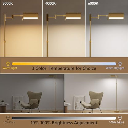 SUNMORY Dimmable LED Pharmacy Floor Lamps, 16W/1500LM Bright Reading Lamp | Remote Touch Control, 350°Swing Arm, Adjustable Height, Task Craft Tall Standing Light for Living Room Bedroom Office, Gold - color: Gold
