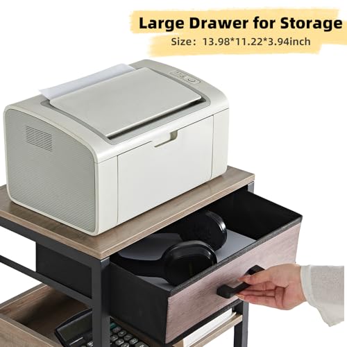 Lerliuo Printer Stand with Storage, 3-Tier Printer Table, Grey | Fixed-leg three-tier printer stand with fabric drawer and two shelves for paper, ink, office supplies and compact scanners - color: Grey