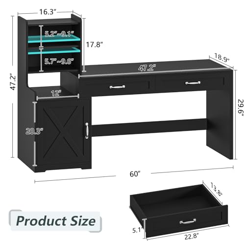 60" Computer Desk with Drawers & Bookshelves for Bedroom, Home Office - color: Black