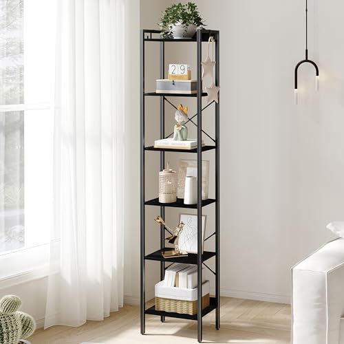 Hzuaneri Bookshelf, Book Shelf, Industrial Bookcase with 2 Hooks | Coner Shelf Storage Organizer for Home Office, Living Room, Bedroom, Kitchen, 6-Tier Black BC10704B - color: Black, size: 9.4"D x 15.4"W x 72.8"H