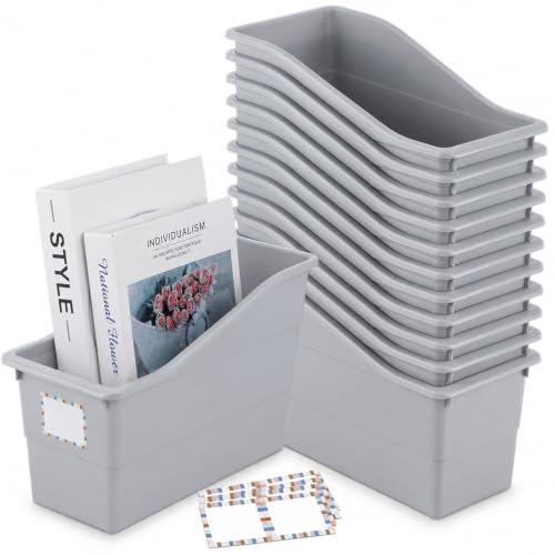 12 Pack Large Book Bins, Durable Magazine Organizer File Holder Quality Plastic Book Storage Bins with Labels for Classroom Library, Office, Desktop Organization, Bookshelf Categorization (Grey) - color: Grey