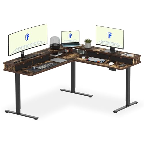 FLEXISPOT Reversible L-Shaped Corner Standing Desk with Monitor Shelf | 71x63", Rustic Brown,4 Storage Drawers, Height Adjustable, Anti-Collision, Memory Presets, Sit Stand Desk for Office & Gaming - size: 71x63"丨Rustic Brown