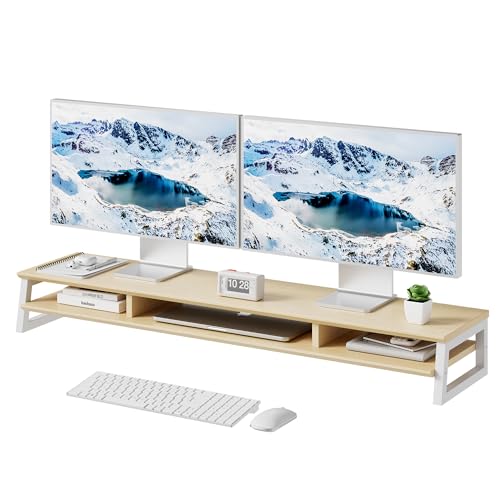 Dual Monitor Stand Riser for Desk, 41.7 Inch Large 2 Tier Computer Monitor Stand for 2 Monitors, Desktop Storage Organizer Shelf with Keyboard Space for Laptop PC Printer, Beige - color: Beige