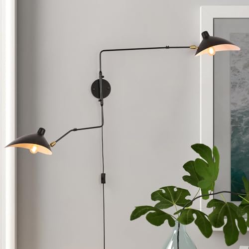 Modern 2-Light Swing Arm Plug In Wall Lamp, Adjustable Industrial Wall Sconces For Bedroom, Retro Cordless Beetle-Shade Wall Light Fixtures For Living Room, Wall Mounted Reading Lamp, Black