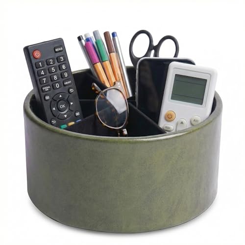 Remote Control Holder, 360°Spinning PU Leather Desk TV Remote Caddy,Desk Storage Box Room Accessories for Controller, Media,Mail,Calculator, Mobile Phone,Pencil(1-Oil Green) - color: 1-Big Oil Green
