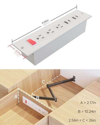 Drawer Outlet Charger Station with Cable Management Arm, White | USB C PD20W Fast Charger, Under Cabinet Desk Drawer, Power Outlet - color: White
