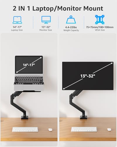 MOUNTUP Laptop Stand for Desk, 2-in-1 Monitor Mount with Laptop Tray Holds 2.2-22lbs, Adjustable Laptops Arm Mount for Max 17" Notebook & 32" Monitor, Laptops Desk Arm with Clamp/Grommet - size: Single, style: Without Pole