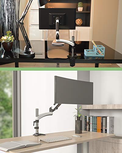 SHOPPINGALL Fully Adjustable Dual Gas Spring LCD Monitor Arm Desk Mount Stand with 1 Swing Arm for One 15"-32" Monitor, Desk Clamp and Grommet Mounting Options in The Box - SA-GM112D (White)
