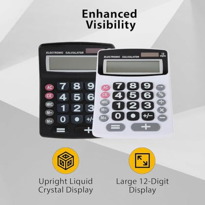 Lily's Home Jumbo 12-Digit Desktop Calculator Set of 2 (Black & White), Solar/Battery Dual Power, Large Tilted LCD Display, Big Button Design, Quiet Operation, for Office, School, Business & Home Use - color: Black&White