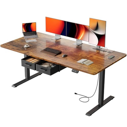 HLDIRECT 63" Electric Standing Desk with Outlets & 2 Drawers, Rustic Brown | 31.5" Extra Wide Desktop Up to 176lb, 28"–46" Height Range & 3 Memory Presets, Integrated Cable Management, Quick Assembly - color: Rustic Brown, size: 63 inch