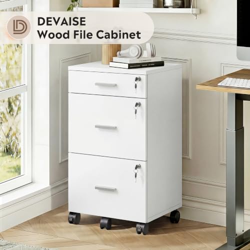 DEVAISE 3 Drawer File Cabinet with Lock & Wheels, White | Wood printer stand, Mobile filing cabinets for home office, Fits Letter/A4 Size - color: White