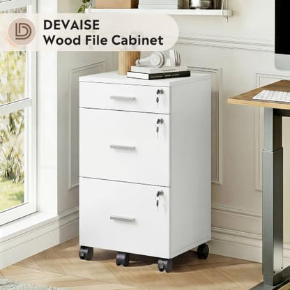 DEVAISE 3 Drawer File Cabinet with Lock & Wheels, White | Wood printer stand, Mobile filing cabinets for home office, Fits Letter/A4 Size - color: White
