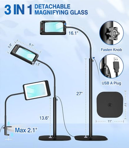 MoKo 10X Large Magnifying Glass with Light and Stand, Flexible Gooseneck Floor Magnifying Lamp with 5 Color Modes, 3-in-1 LED Lighted Desk Lamp Magnifiers for Reading, Close Work, Sewing, Crafts