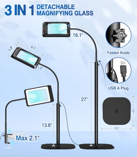 MoKo 10X Large Magnifying Glass with Light and Stand, Flexible Gooseneck Floor Magnifying Lamp with 5 Color Modes, 3-in-1 LED Lighted Desk Lamp Magnifiers for Reading, Close Work, Sewing, Crafts