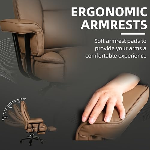 Reclining Office Chair with Footrest, Big and Tall High Back Home Office Desk Chairs 400lbs with Criss Cross Wide Seat, Heavy Duty Base, Pu Leather, Brown - color: Brown