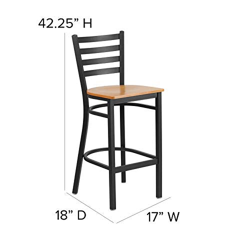 Flash Furniture 2 Pack HERCULES Series Black Ladder Back Metal Restaurant Barstool - Natural Wood Seat - color: Natural Wood Seat/Black Metal Frame, size: Set of 2