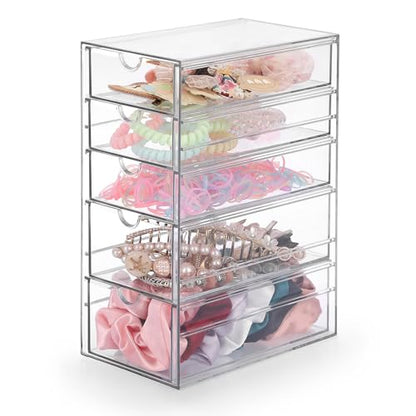 Hipiwe 5-Drawers Plastic Storage Organizer Clear Hair Accessories Organizer | Large Capacity Drawers Box for Bathroom, Dresser, Cosmetic Hair Tie Container for Women - size: 5-Drawers, 6.9"Lx4.1"Wx9.8"H