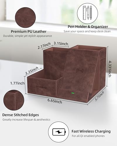 Wireless Charger with Desk Organizer, 3 Compartments and 1 Phone Stand - color: Dark Brown