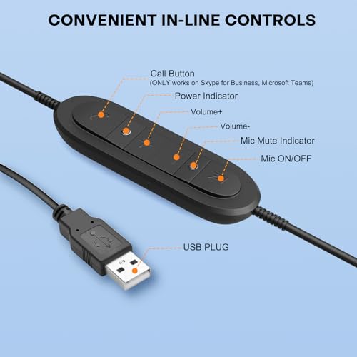 MKJ USB Headset for Computer Laptop, Noise Canceling Mic, in-line Control