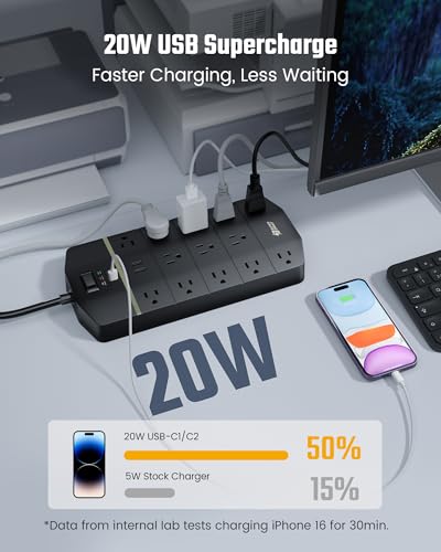 SUPERDANNY Power Strip Surge Protector 5000J, 6.5FT, 15A, PD 20W, 13 AC - color: Black, size: 6ft