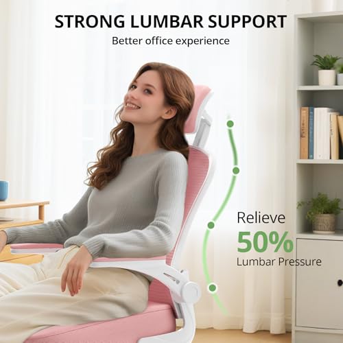 Office Chair Ergonomic Desk Chair, 330LBS Capacity, High Back Computer Design for Long Hours Comfort, Rolling Swivel Executive Task for Home Office with Flip-up Armrests, White Pink