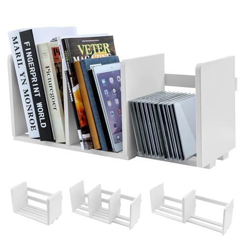 MyGift White Wood Desktop Bookshelf Organizer, Expandable Adjustable Display Shelf Book Rack - color: White
