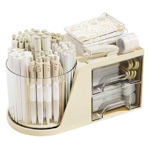 Desk Organizer with Rotating Pencil Pen Holder and 2 Small Drawers, Desk Caddy for Office Workspace Organization and Storage (Beige) - color: Beige