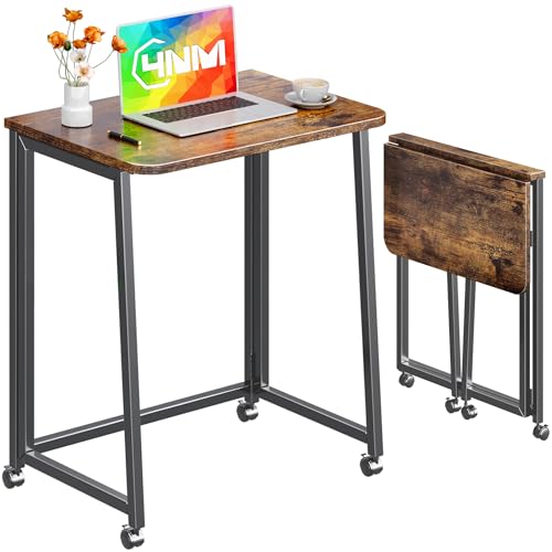 4NM 23.6" Mobile Small Folding Desk, Foldable Rolling Computer Home Office Desk, Study Writing Table for Small Space Saving Bedroom, with Wheels - Rustic Brown and Black - color: Rustic Brown and Black, size: 23.6"W x 15.7"D