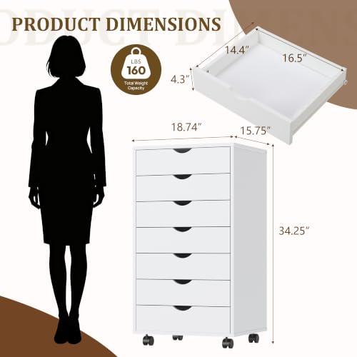 7 Drawer Mobile File Cabinet with Wheels, Office Storage Drawers, White - color: White, size: 15.75"D x 18.74"W x 34.25"H(7 Drawers)