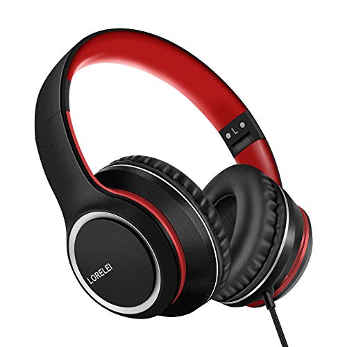 LORELEI X8 Over-Ear Wired Headphones with Microphone with 1.45m-Tangle-Free Nylon Line&3.5mm Plug,Lightweight Foldable & Portable Headphones for Smartphone,Tablet,Computer,Mp3/4(Black-red) - color: Black-red