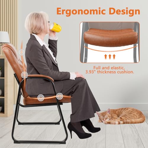CLATINA Big and Tall Office Chair Set of 4 500lbs Leather Reception Chair with Bonded Padded Armrest Wide Seat Sled Base Desk Chair No Wheels for Reception Conference Waiting Room Side Office, Brown - color: Brown, size: 4 Pack