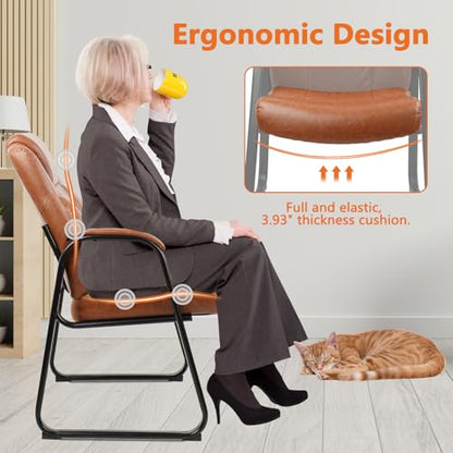 CLATINA Big and Tall Office Chair Set of 8 500lbs Leather Reception Chair with Bonded Padded Armrest Wide Seat Sled Base Desk Chair No Wheels for Reception Conference Waiting Room Side Office, Brown - color: Brown, size: 8 Pack