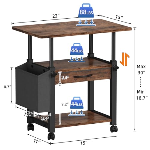 YAOHUOO 22"x15" Large Printer Stand with Drawer, 3-Tier Rolling Table Cart - color: Rustic Brown, size: 3-Tier