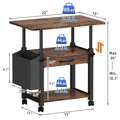 YAOHUOO 22"x15" Large Printer Stand with Drawer, 3-Tier Rolling Table Cart - color: Rustic Brown, size: 3-Tier