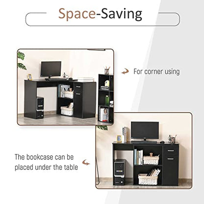HOMCOM L Shaped Computer Desk 180° Rotating 47.25"x19.75"x 53.75", Black | Corner Desk, Storage Shelves, Drawer, Cabinet, Study Workstation, for Home Office