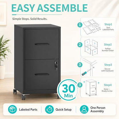 SAWJEC 2 Drawer Metal File Cabinet with Lock, Black Mobile Filing Cabinet | 17.7"D x 15"W x 26.8"H, Black Mobile Locking File Cabinet, Assembly Required, Fits Letter Hanging Files - color: Black, size: 17.7"D x 15"W x 26.8"H