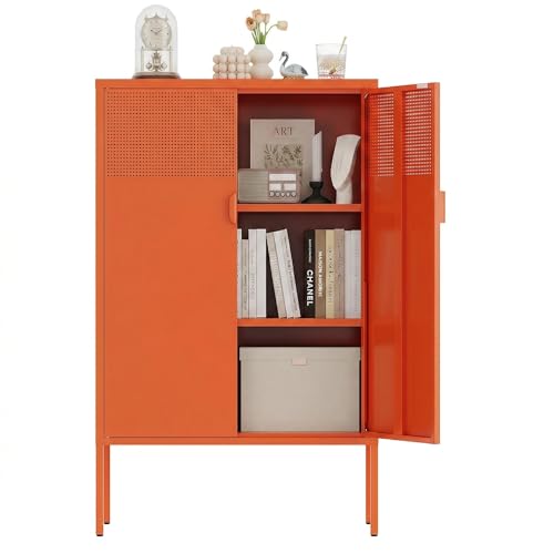 Metal Storage Cabinet,2 Door TV Stand, Metal Mesh Accent Cabinet | Magnetic Door Closure,Low Storage Cabinets with Doors and Shelf for Home,Office,Living Room - color: Orange, size: 47"H