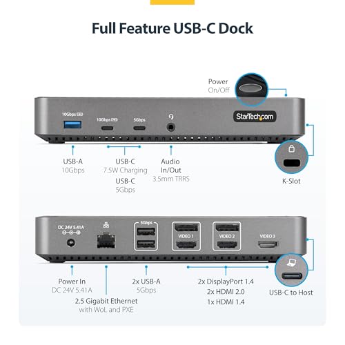 StarTech Universal USB-C Triple 4K Dock, MacBook Pro Air & Windows, HDMI DP | Windows macOS ChromeOS Ubuntu, Intel Apple Silicon AMD Snapdragon X, Single USB-C port, 100W laptop charging