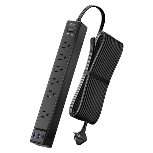 15Ft Long Extension Cord, SUPERDANNY Flat Plug Surge Protector Power Strip | 6 Outlets & 3 USB, Flat Plug Power Strip Wall Mountable, Desk Charging Station for Home, Office, College Dorm Room Essentials - color: Black, size: 15FT