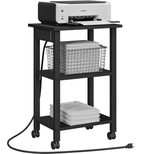 TUTOTAK Printer Stand, 3 Tier Rolling Printer Cart with Charging Station - color: Black, size: 3 tier(15.7 x 11.8 x 23.6inchs)