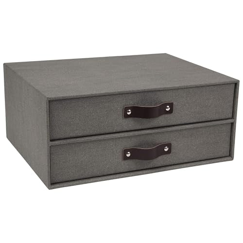 Bigso Birger 2-Drawer Canvas Fiberboard Easy Pull Handle Document Letter Box | Desktop Drawers for Loose Papers and Documents | Desktop Storage Drawers with Leather Handles | 13.1” x 10” x 5.7” | Grey - color: Grey